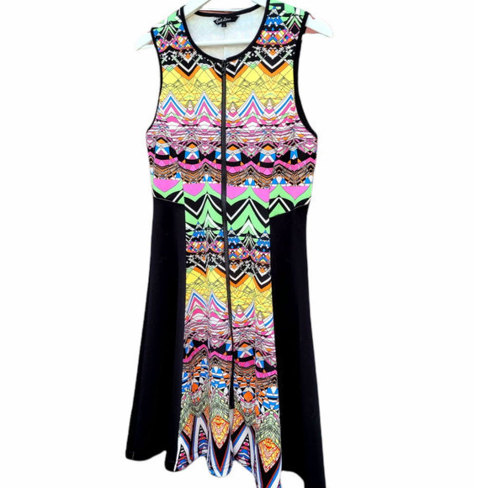 Vintage Just Love Pink‎ Black Geometric  Sleeveless Zip Back Skater Dress